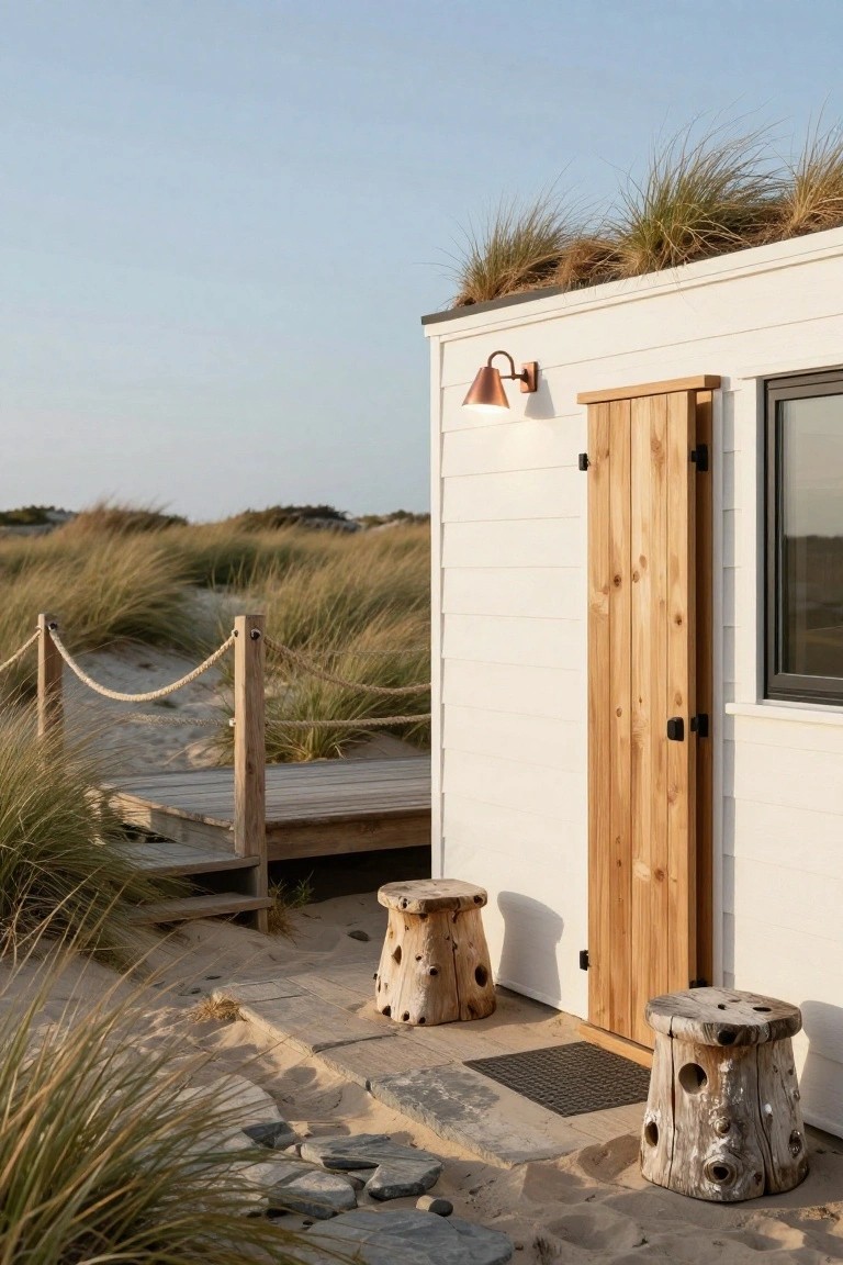 White shiplap prefab cabin with sedum green roof and open wooden entry door next to black-framed window, flanked by two tree stump stools on stone pavers, with rope-railed wooden boardwalk path and beach grass dunes in background.