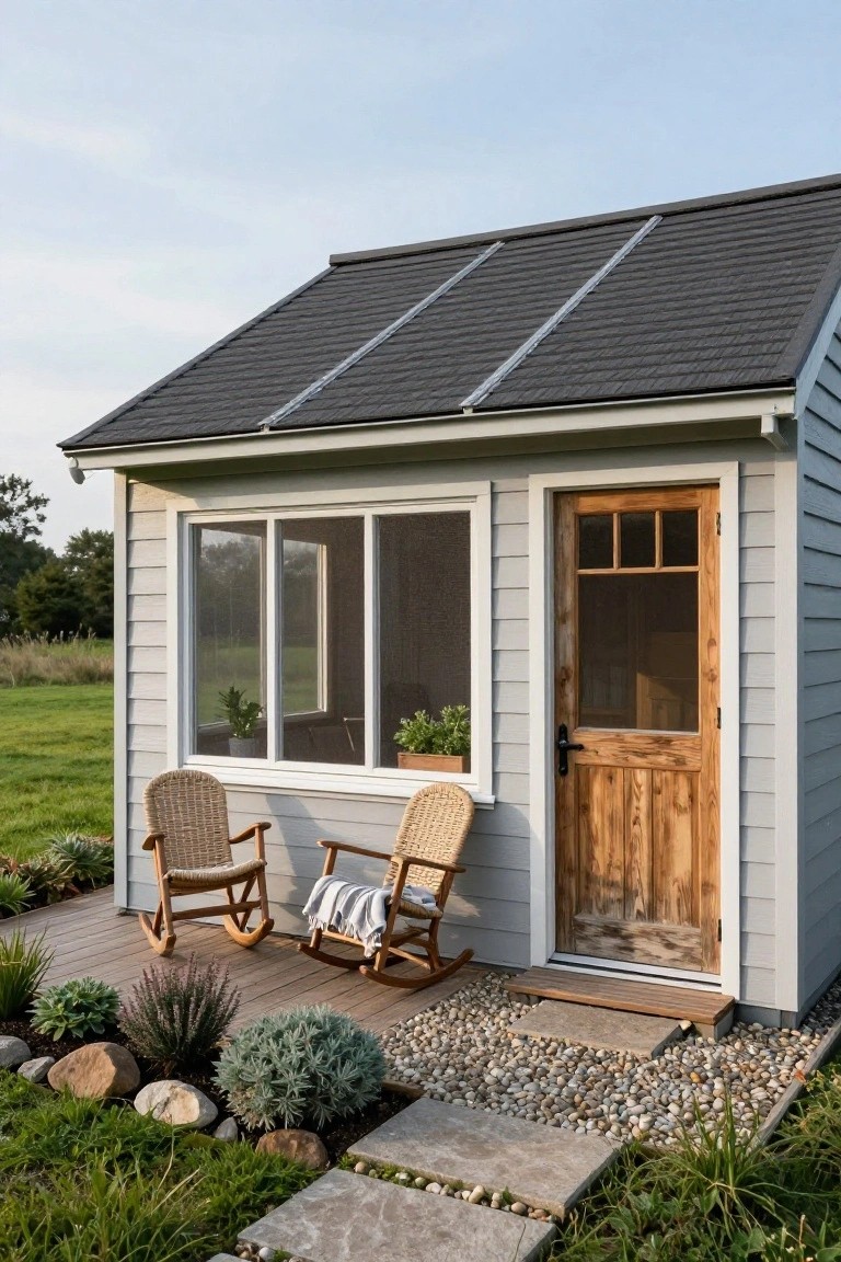 Gray clapboard-sided small cabin with sloped black solar panel roof, wooden front door featuring glass upper panels and black handle, two wicker rocking chairs with blankets on wooden deck porch, potted plants on windowsill, gravel and stone landscaping in front.