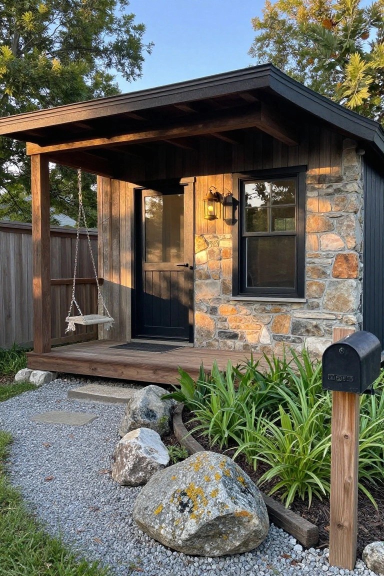 Small cabin exterior with lower stone walls, upper vertical wood siding, covered wooden porch, hanging swing, dark door and window, gravel path, rocks, and plants around the base.