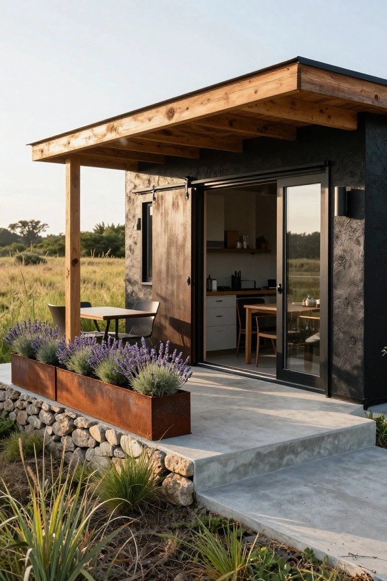 Small cabin exterior with dark textured walls, wooden beam porch supported by posts, open barn door and sliding glass door revealing white kitchen inside, lavender plants in two corten steel planters on concrete steps beside stone retaining wall, surrounded by grassy field.