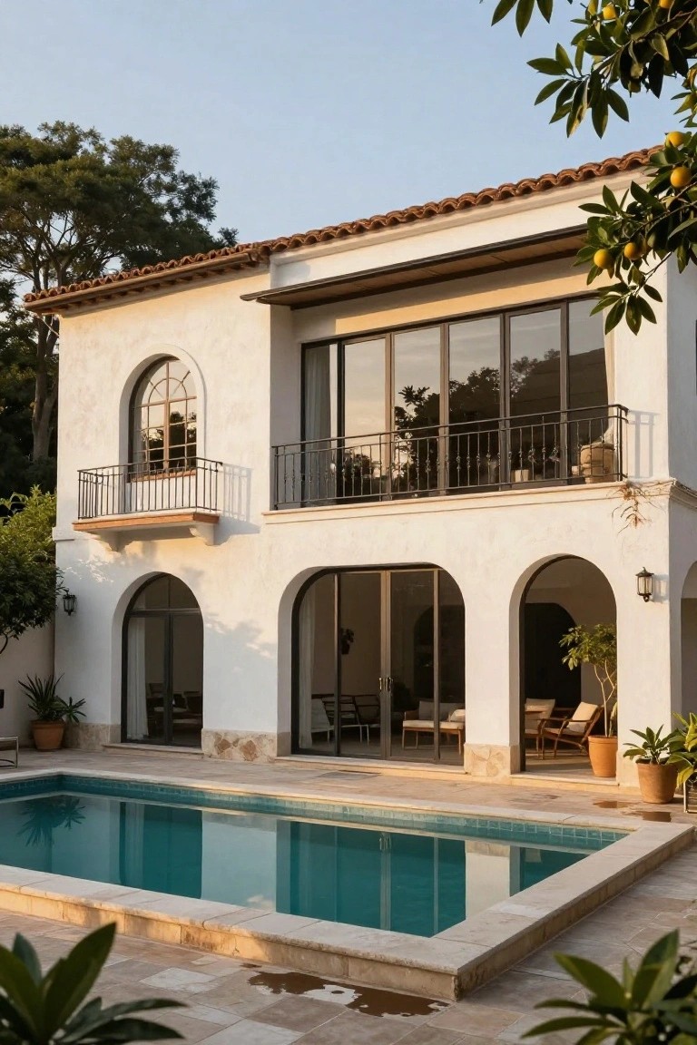 White stucco Spanish Mediterranean house exterior featuring a red tile roof, arched balcony with wrought iron railing, large glass doors under arches opening to a rectangular pool, potted plants, and surrounding trees at sunset.