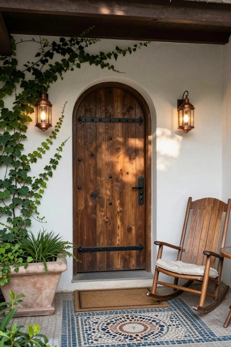 White stucco exterior wall covered in climbing ivy beside a large arched wooden front door with black iron hardware and knobs, flanked by two copper lanterns, a wooden rocking chair with cushion, potted plants, and a mosaic-tiled entryway with a doormat.