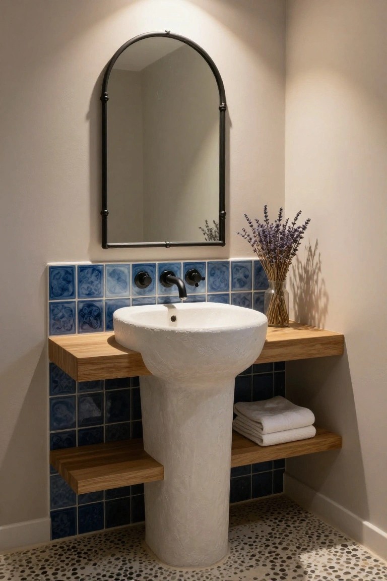 Corner powder room with white pedestal sink on wooden shelf, blue patterned tile backsplash, black arched mirror, lavender bouquet in glass vase, folded white towels on lower shelf, and pebble tile floor.