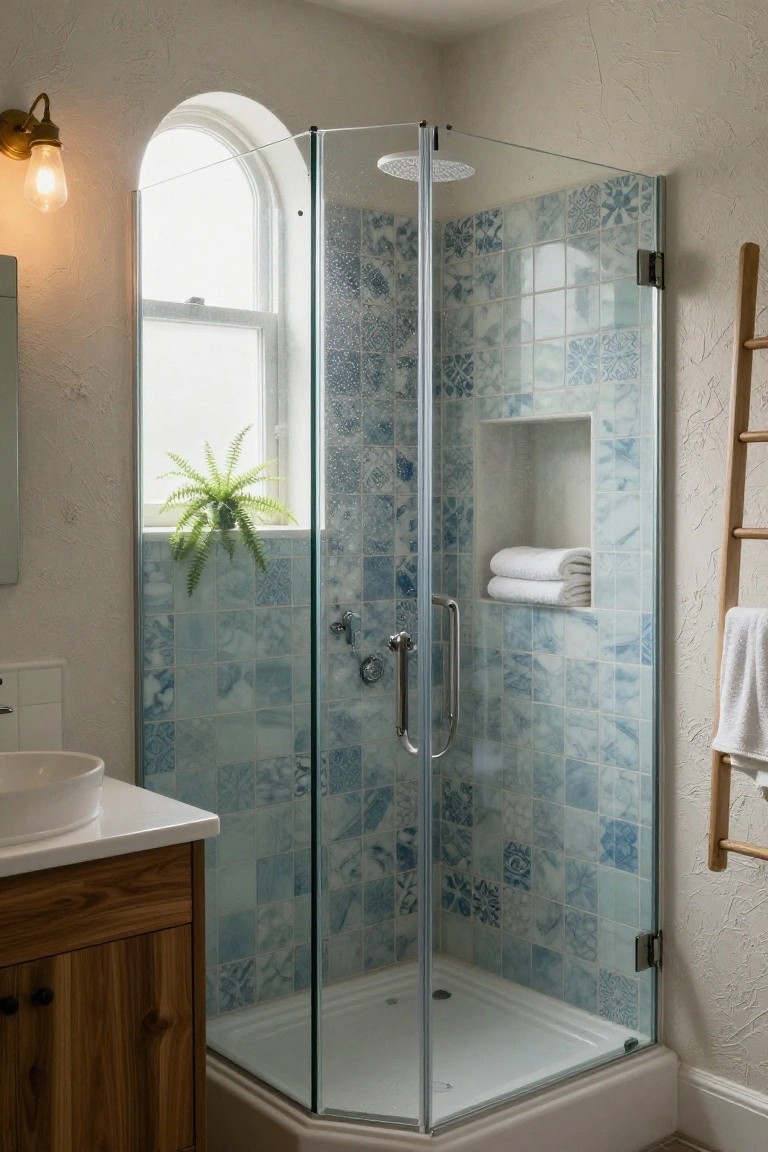 Corner glass shower enclosure tiled in blue patterned ceramic, with niche shelf holding folded white towels, wooden ladder rack, wood vanity sink, fern plant, and arched window in a pale bathroom.