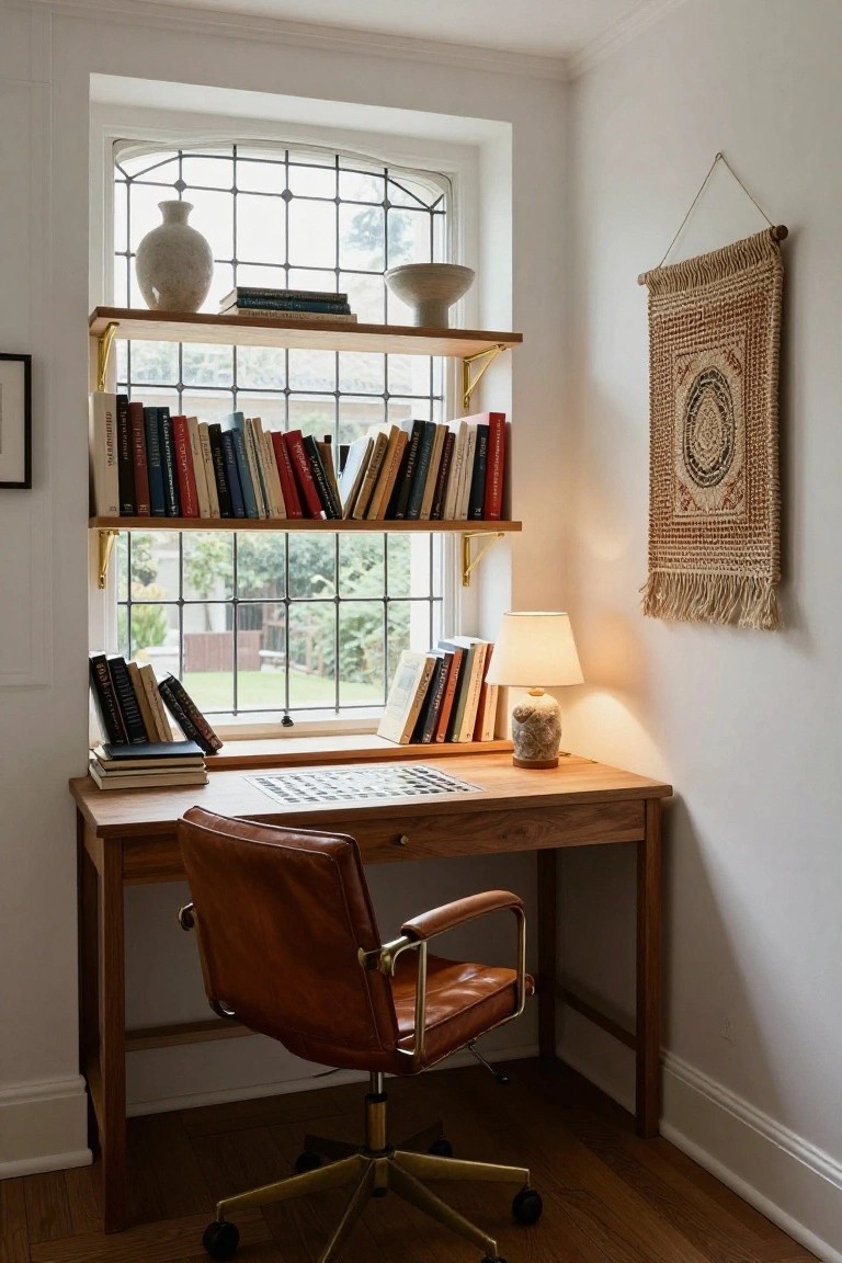 Wooden desk with leather office chair under arched leaded-glass window overlooking garden, flanked by oak bookshelves holding books and ceramics, woven tapestry on wall, lamp on desk in white room with hardwood floor.