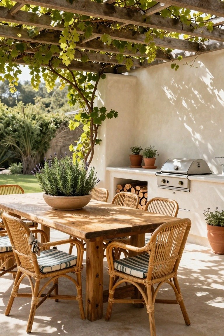 Outdoor patio dining area with rectangular wooden table surrounded by rattan chairs with striped cushions, under vine-covered wooden pergola, next to built-in stainless steel grill on white stucco counter with wood storage and potted plants.