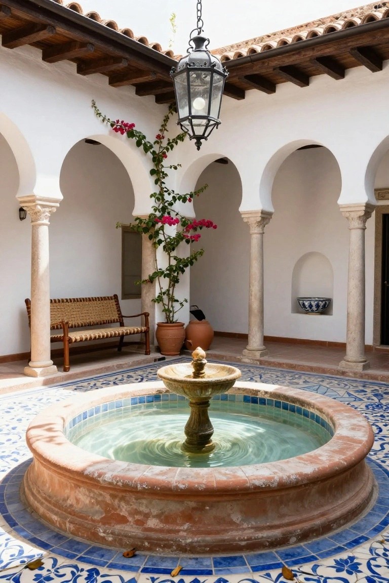 White courtyard with arched stone columns, central terracotta fountain surrounded by blue tiles, climbing pink bougainvillea, woven wood bench, terracotta pots, hanging lantern, and blue tile floor.