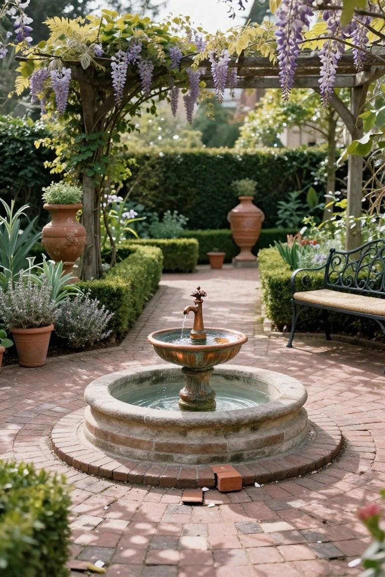 Brick-paved circular patio in a formal garden courtyard centered on a stone fountain with copper spout, surrounded by boxwood hedges, terracotta pots with plants, and a black wrought-iron bench, with a wooden pergola draped in purple wisteria in the background.