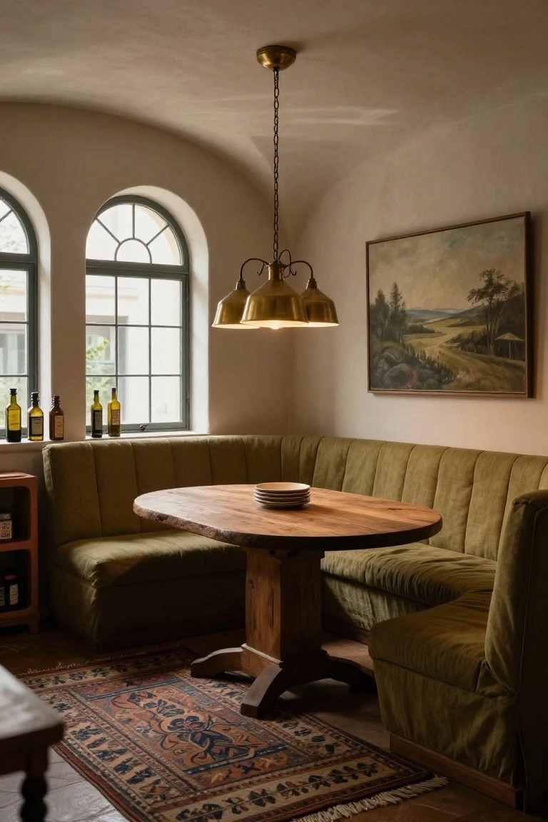 Corner dining nook with green tufted booth seating around a round wooden table, arched windows, brass pendant light, and landscape painting on beige plaster walls.