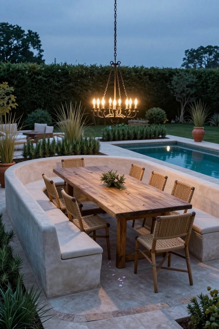 Curved beige stucco banquette with cushions surrounds a wooden rectangular dining table and rattan chairs on a patio next to a turquoise pool, under a hanging chandelier at dusk with greenery around.