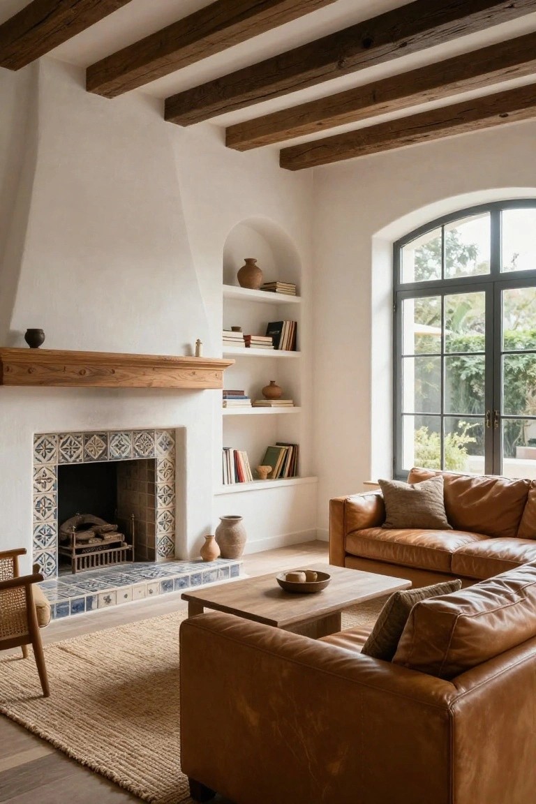 Living room interior with exposed dark wooden ceiling beams, white plaster walls, arched tiled fireplace, built-in shelves with books and pottery, tan leather sofa, wood coffee table, and large arched window with garden view.