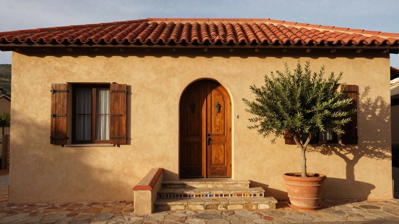 Beige stucco house exterior with red barrel tile roof, arched wooden front door, wooden-framed windows with blinds, multicolored tiled entry steps, potted olive tree, boxwood shrubs, and stone paver walkway in late afternoon light.