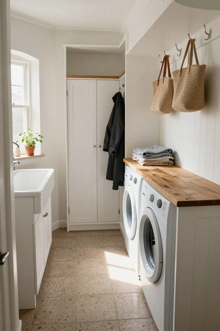 White-painted wood-paneled laundry room featuring stacked washer and dryer under oak countertop, utility sink cabinet, coat rack with black coat, hanging straw bags, and small potted plant on windowsill.