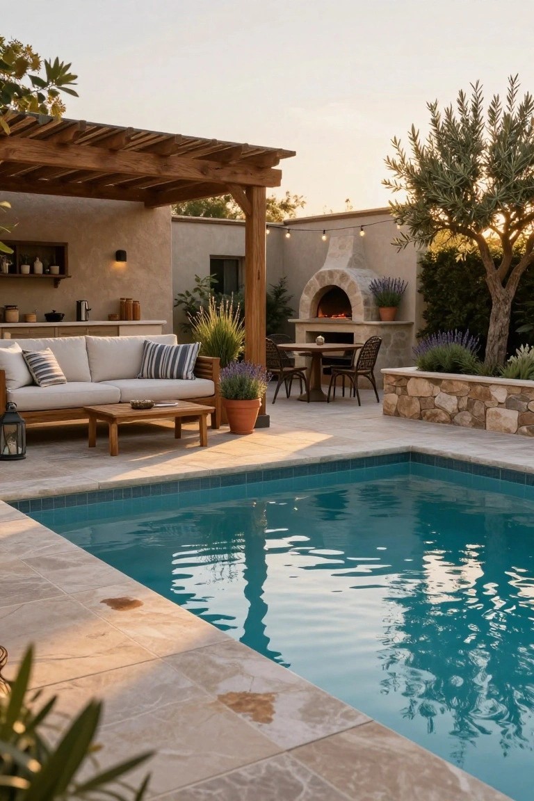Wooden pergola shading a beige outdoor sofa, striped pillows, wooden coffee table, potted plants, and dining table on a stone-tiled patio next to a turquoise rectangular pool, with an arched stone pizza oven and kitchen cabinets nearby.
