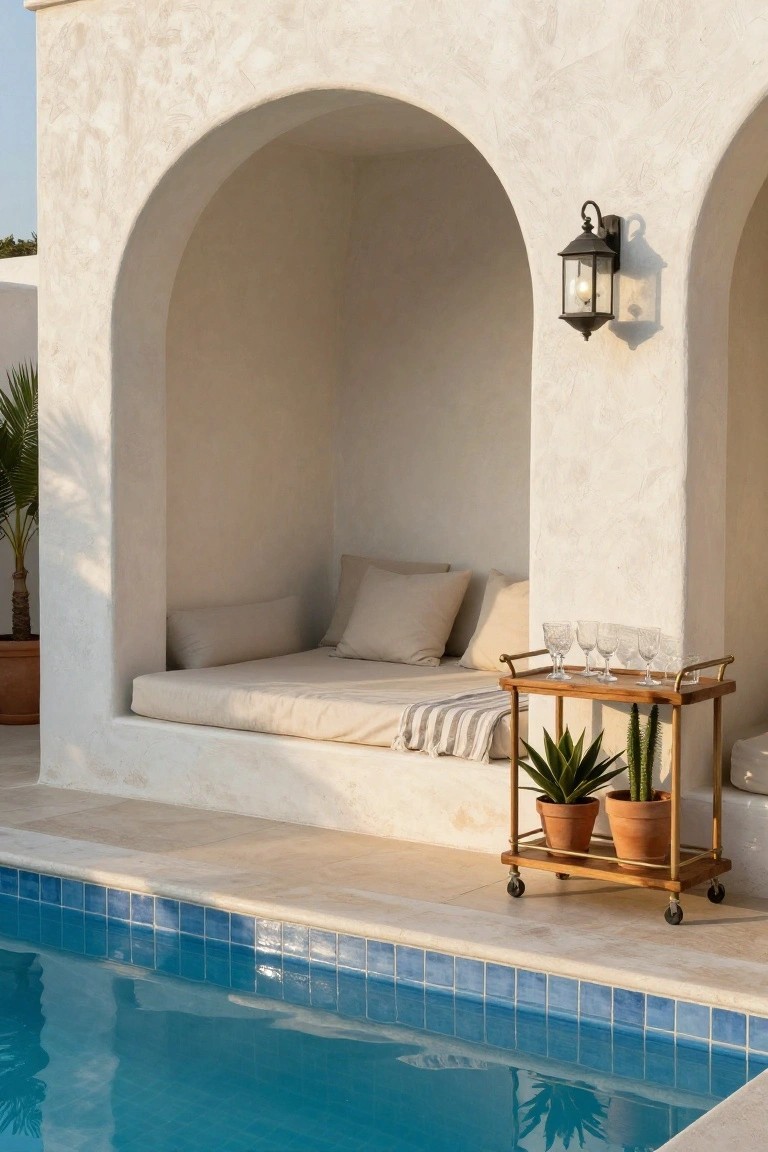 White stucco arched alcove with built-in cushioned bench, neutral pillows, and wooden serving cart holding wine glasses and potted agave and cactus plants next to a blue-tiled pool edge.