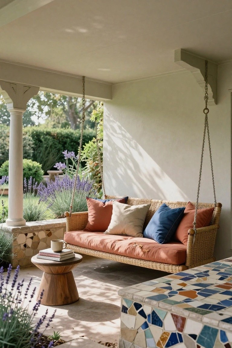 Wicker porch swing with coral cushions, blue and terracotta pillows, beside mosaic table.