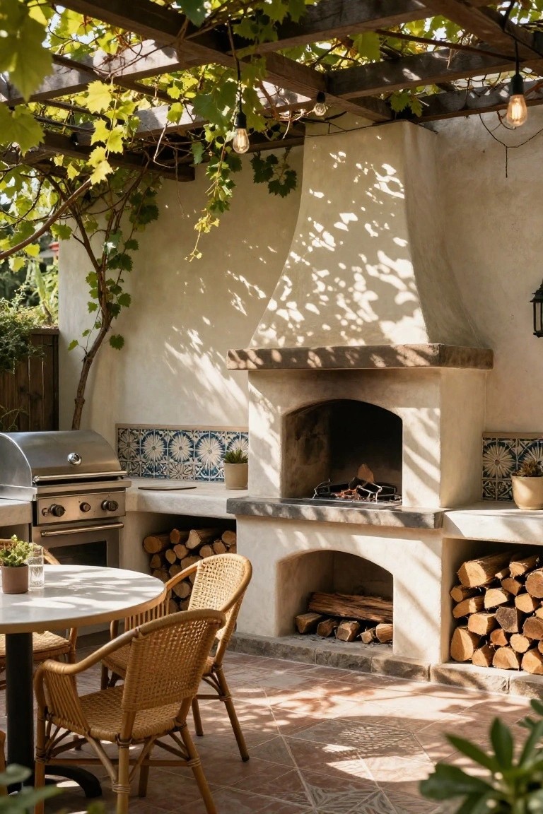 Outdoor patio with rustic stucco fireplace containing fire and wood logs in built-in niches, stainless steel grill adjacent, round white table with two wicker chairs, under vine-draped wooden pergola with hanging lights.