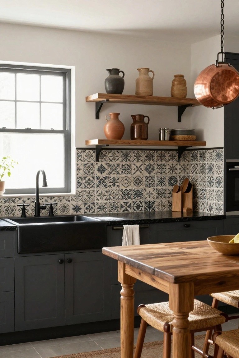 Kitchen interior featuring dark gray lower cabinets, black farmhouse sink, blue and white patterned tile backsplash, wooden open shelves with terracotta pottery, copper pot hanging above, and wooden table with rattan stools.