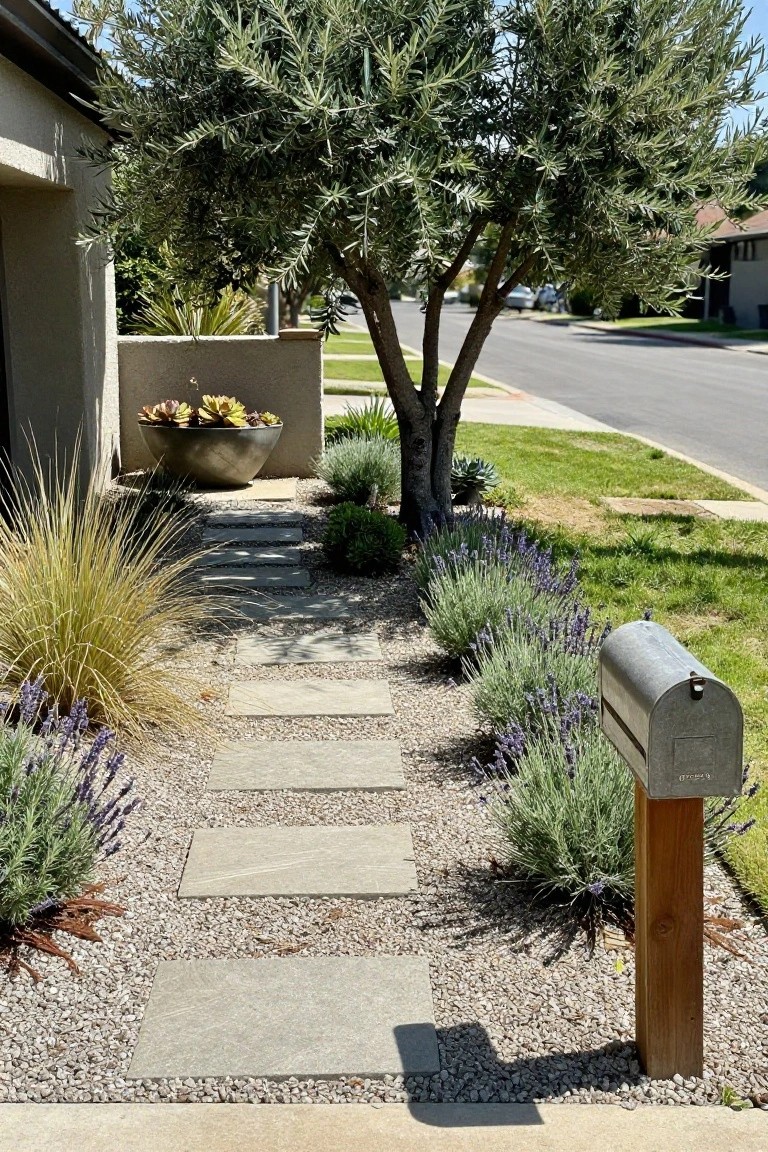 Front yard pathway of large rectangular gray stone pavers irregularly spaced in white pea gravel, bordered by lavender shrubs and ornamental grasses, next to a beige stucco house wall, olive tree, metal mailbox on wooden post, and street view.