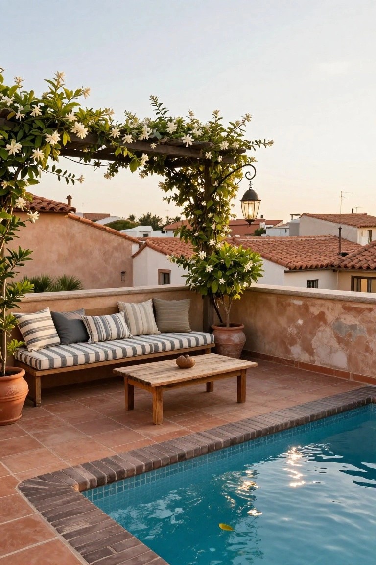 Rooftop terrace with wooden pergola covered in white jasmine vines shading a cushioned bench and wooden coffee table next to a blue-tiled pool, surrounded by potted plants, lanterns, and terracotta-roofed buildings at dusk.