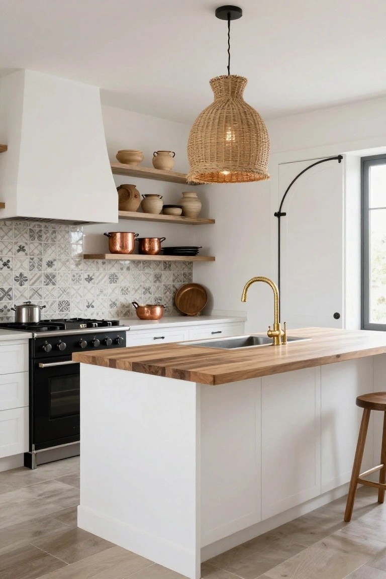 Kitchen interior with white cabinets, light wood-topped island bench with stools, black gas range cooker, gold gooseneck faucet in sink, rattan pendant light, open wooden shelves holding copper pots and terracotta ceramics, and white tiled backsplash.