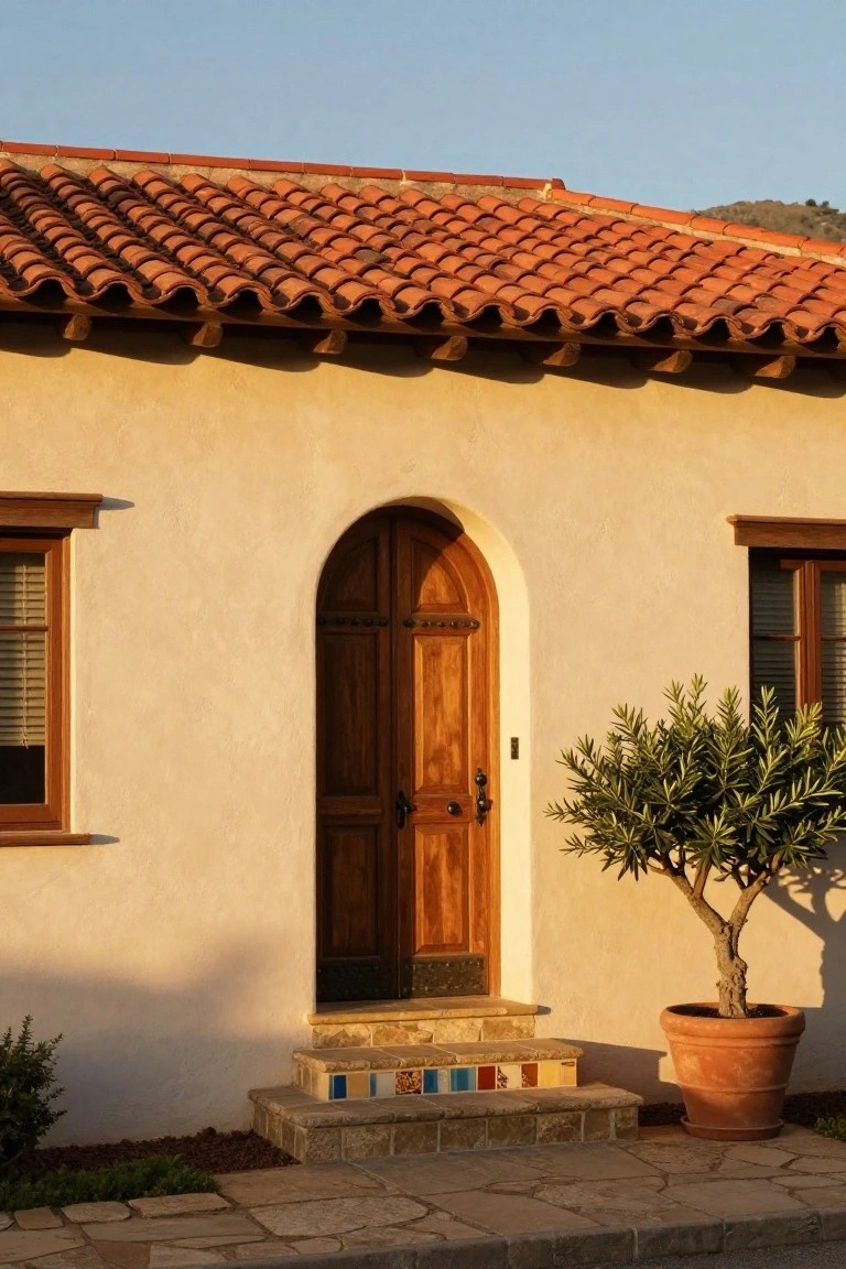 Beige stucco house exterior with red barrel tile roof, arched wooden front door, wooden-framed windows with blinds, multicolored tiled entry steps, potted olive tree, boxwood shrubs, and stone paver walkway in late afternoon light.
