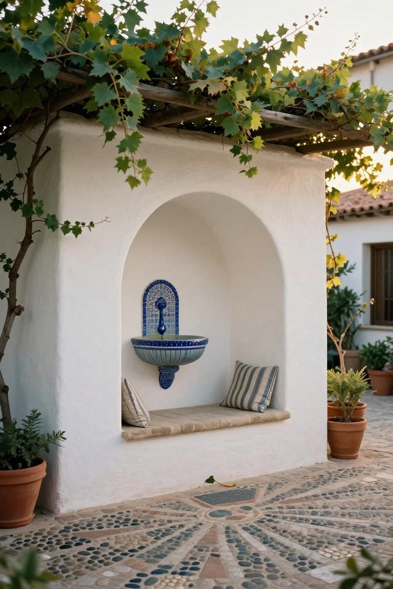 White stucco wall with an arched niche containing a blue tiled fountain basin mounted above a stone bench seat with striped cushions, ivy vines on a wooden pergola overhead, potted plants nearby, and a pebble stone patio floor.