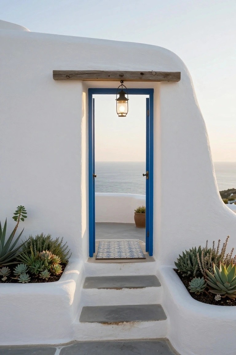 Open blue door in a curved white exterior wall with gray stone steps leading up, potted succulents flanking the entry, hanging lantern above, and sea view through the doorway.