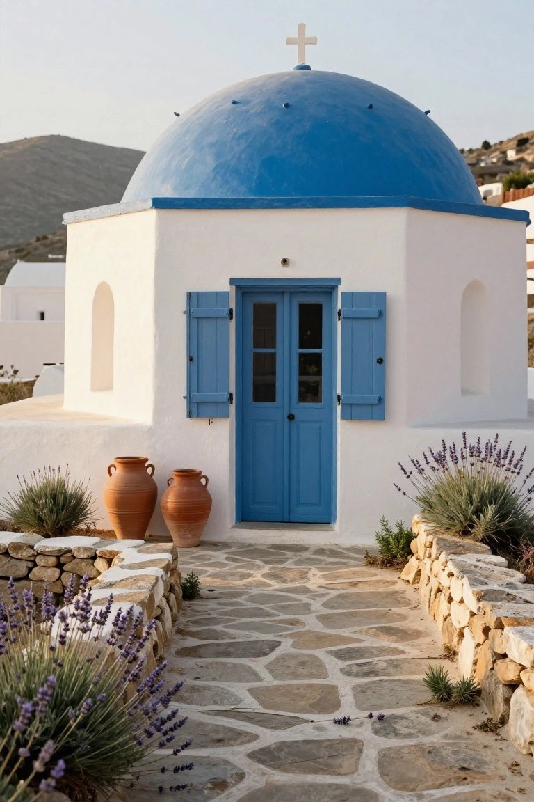 Small white Greek-style chapel with blue rounded dome, blue double doors with shutters, two terracotta pots, lavender plants, and irregular stone path walled by rocks on a hillside.