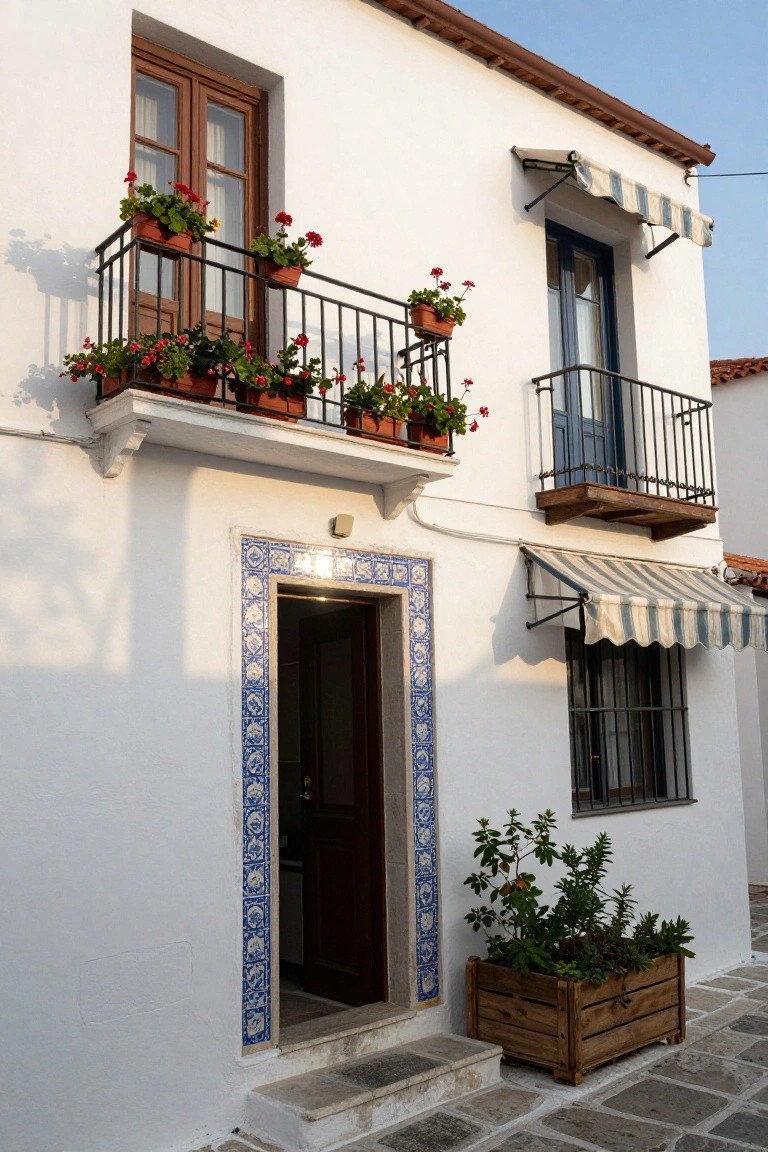 White two-story house exterior with blue-tiled entry door frame, wrought-iron balconies with red flower pots, striped awnings, and a wooden planter box beside stone steps.