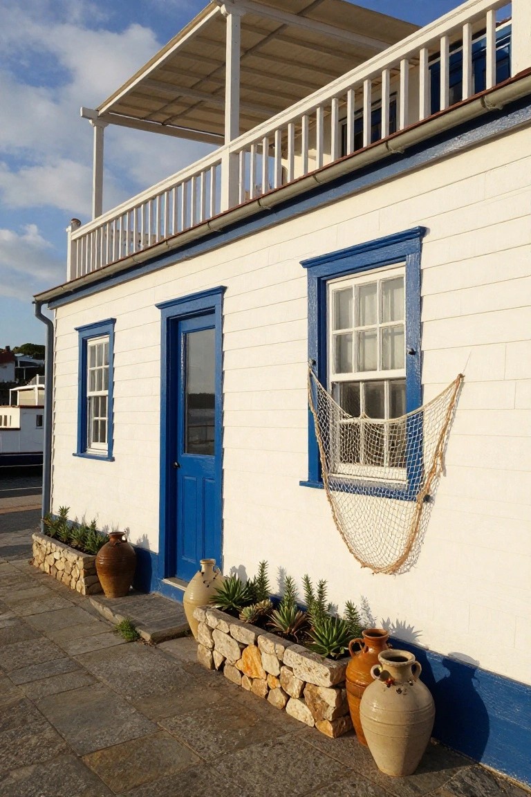 White wooden shingle house with blue front door and window frames, a fishing net draped over one window, upper balcony with railing, potted plants in terracotta jars along stone wall edging, on a paved walkway.