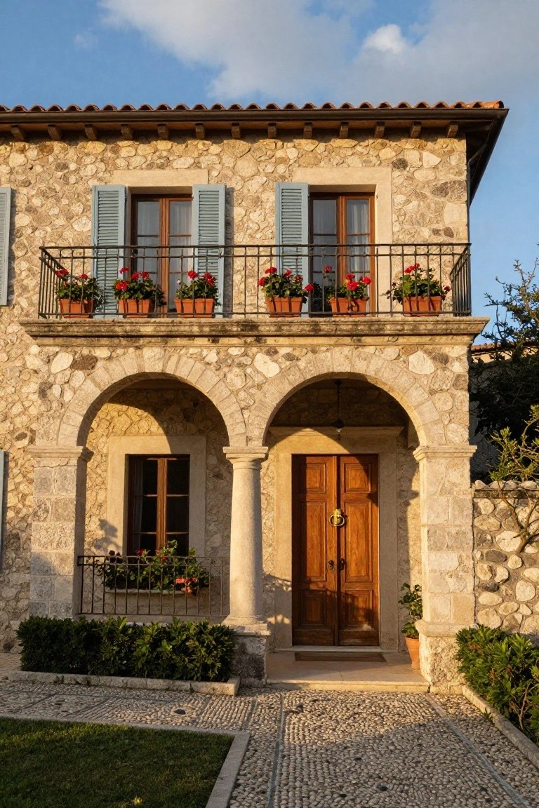 Two-story stone house exterior with tiled roof, balcony with blue shutters and red flower pots, arched stone portico supported by columns framing a wooden double door, pebble path, shrubs, and grass lawn.