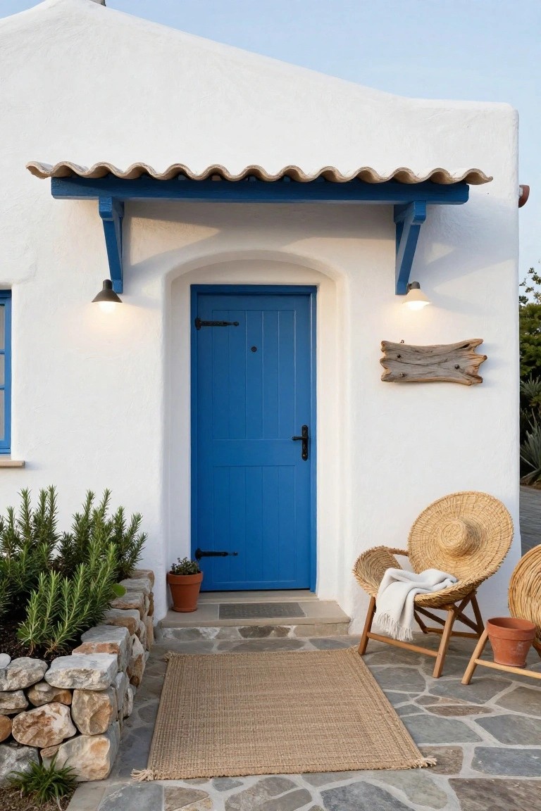 Whitewashed house with blue door, woven chairs, and stone patio.