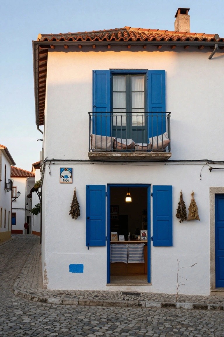 White stucco house with red-tiled roof, blue shutters on windows and doors, a small balcony with cushions, hanging herbs, and an open entry on a cobblestone street.