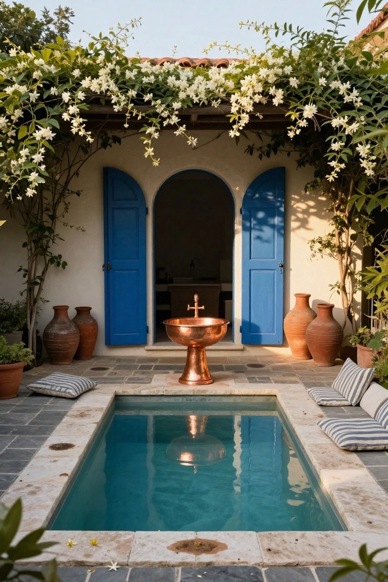Small turquoise plunge pool in a stone courtyard with white stucco walls, arched blue shutters on wooden doors, copper fountain basin, terracotta pots, and white jasmine vines overhead.