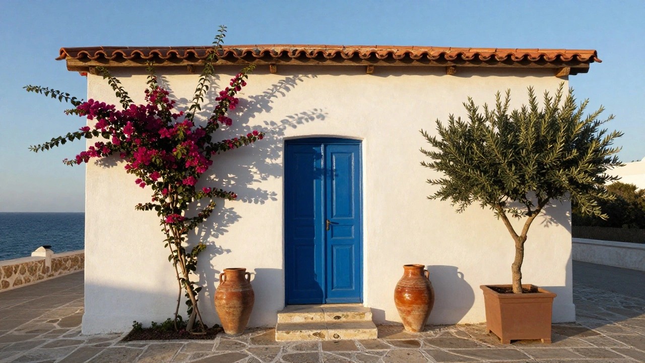 White stucco house corner with turquoise blue arched double door, terracotta tile roof, overhanging bougainvillea, potted olive tree, two terracotta amphorae, stone steps, and distant sea view.