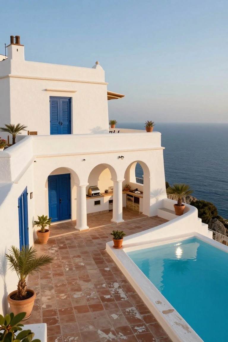 White Cycladic-style house with blue shutters and doors, arched terrace featuring built-in outdoor kitchen, potted plants, terracotta tile flooring, and turquoise infinity pool overlooking the ocean and cliffs at dusk.