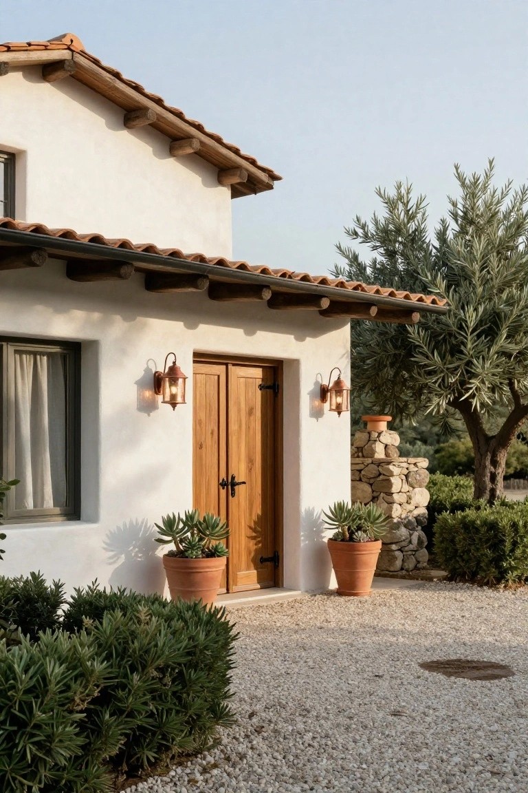 White stucco house with terracotta tile roof, wooden double entry doors with black hinges, flanked by copper lanterns and potted plants, gravel driveway, stone pillar, and olive trees nearby.
