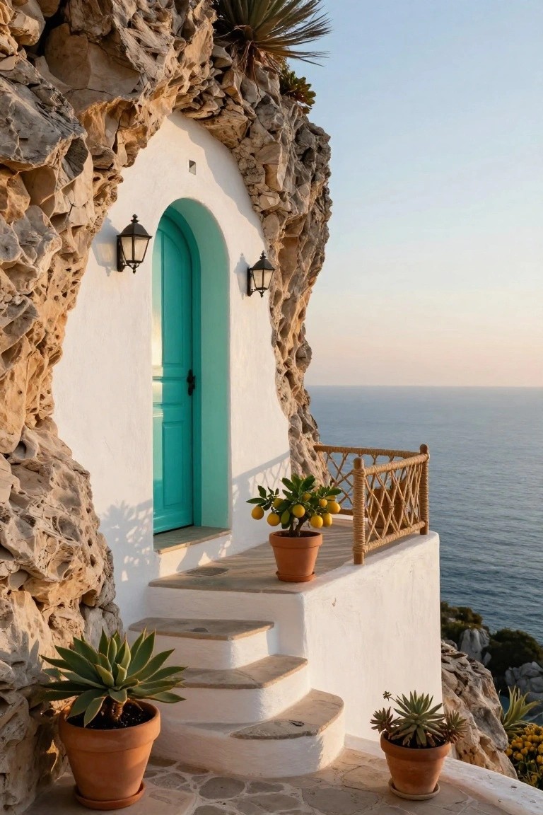 White stucco house with arched turquoise door built into rocky cliffside, flanked by lanterns and potted plants on steps and balcony overlooking the sea