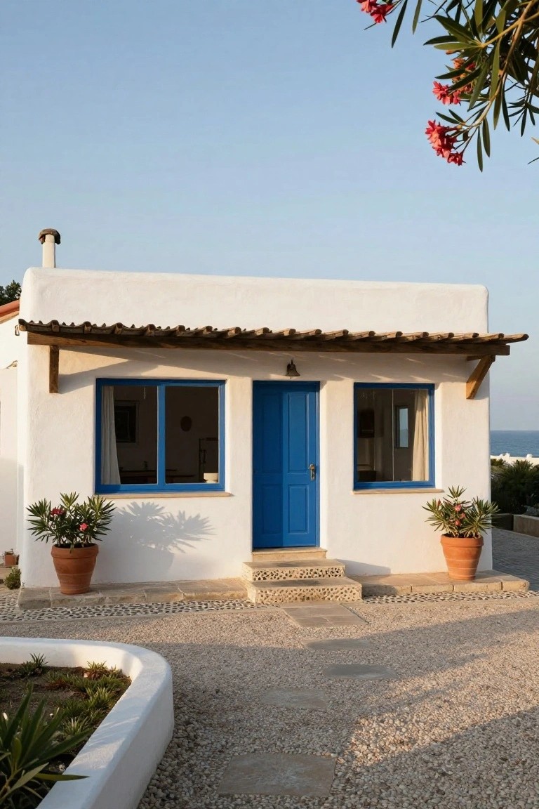 White stucco single-story house with blue-framed windows, a centered blue front door, terracotta pots with plants flanking the entry, gravel yard, and sea view in the background.
