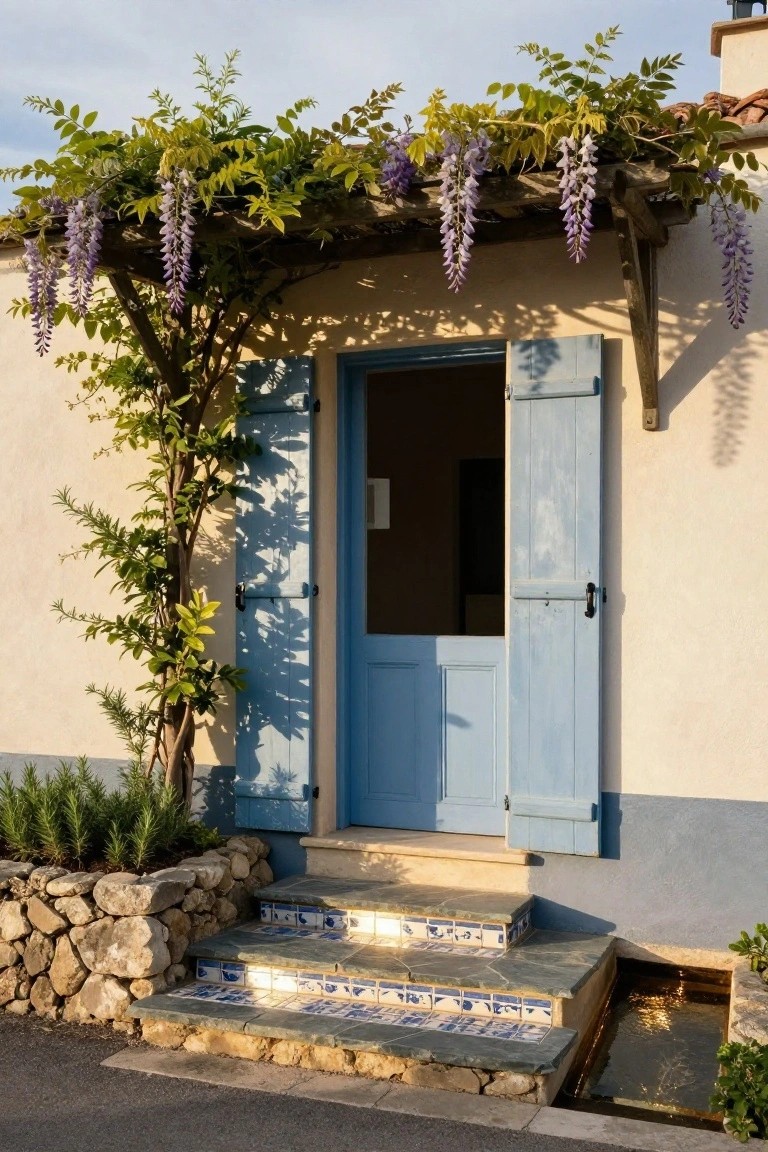 Beige stucco house exterior with open blue shutters and wooden door, wooden pergola overhead draped in purple wisteria vines and flowers, climbing plants on the side wall, rosemary in a planter, tiled stone steps, rock retaining wall, and small water channel at the base.