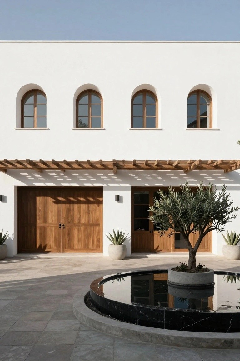 White stucco house facade with wooden pergola overhead, three arched wooden-framed windows, double wooden garage doors, single wooden entry door, olive tree in circular black marble fountain, potted agave plants, and tiled courtyard paving.