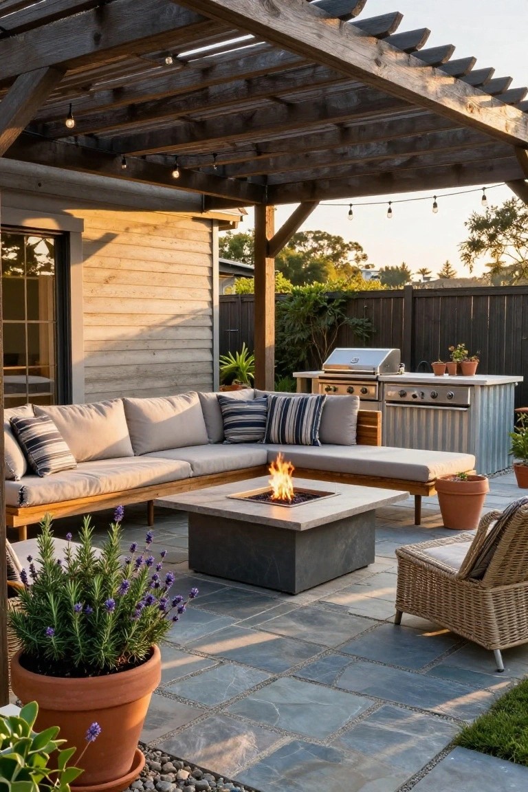 Outdoor patio featuring an L-shaped beige sofa surrounding a rectangular gas fire table, next to a stainless steel grill on a metal counter, under a wooden pergola with string lights, surrounded by potted plants on slate tile flooring.