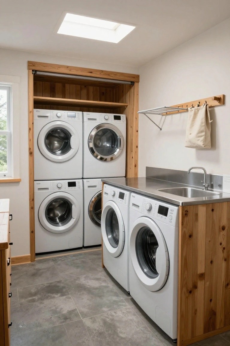Laundry room interior with four white stacked Miele washers and dryers in wooden cabinets, stainless steel sink on wood counter, drying rack, and skylight overhead.