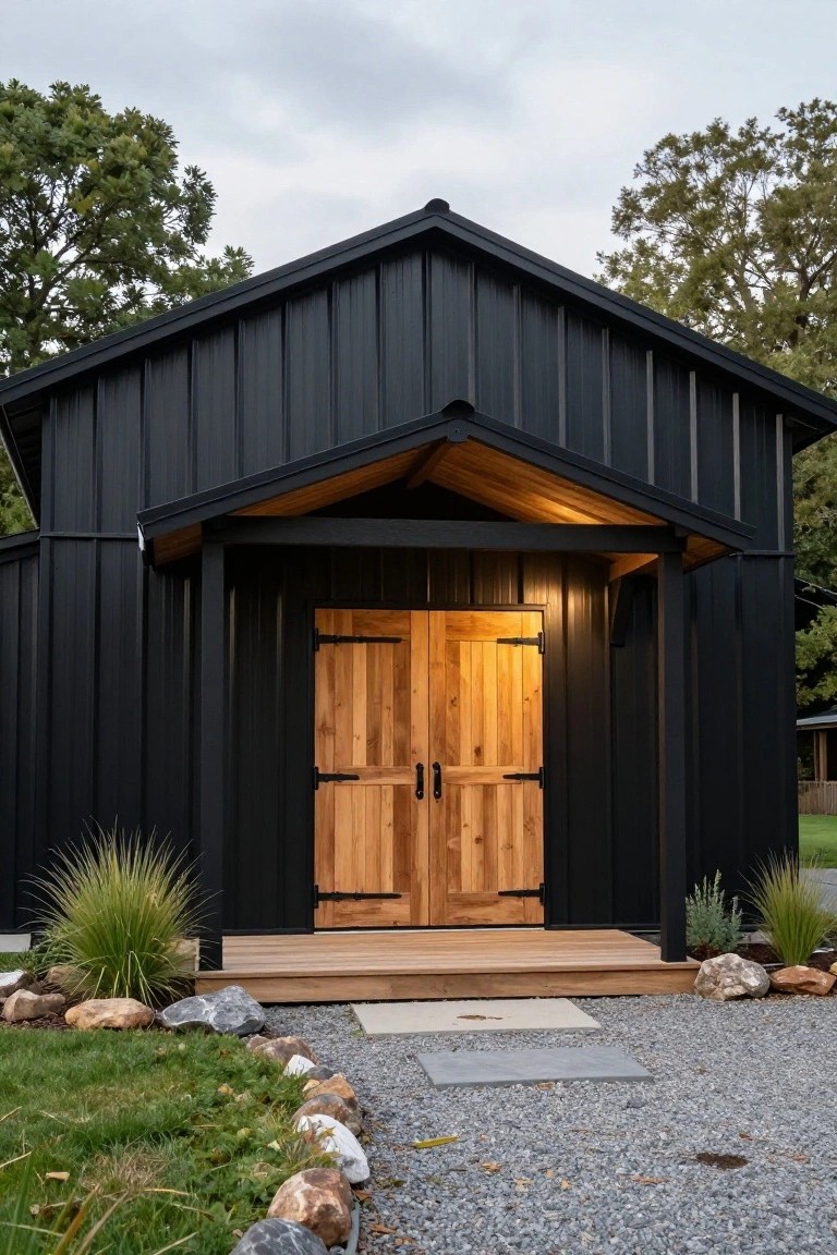 Black metal-sided barn-style building with a gabled roof, wooden double front doors, covered porch, gravel path, rocks, grass, and ornamental grasses in front.
