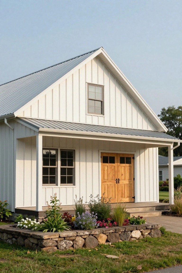 White board-and-batten gabled building with gray standing-seam metal roof, wooden double front doors under a porch, side windows, and stone flower bed with plants.