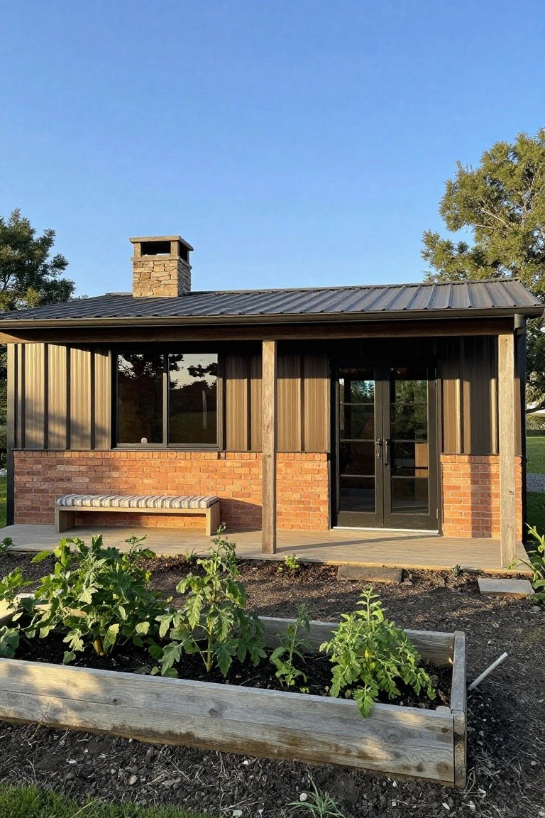 Small rectangular outbuilding with dark metal roof and siding, brick base and entry surround, stone chimney, wooden bench on concrete porch, and raised garden bed with tomato plants nearby, trees and blue sky in background.