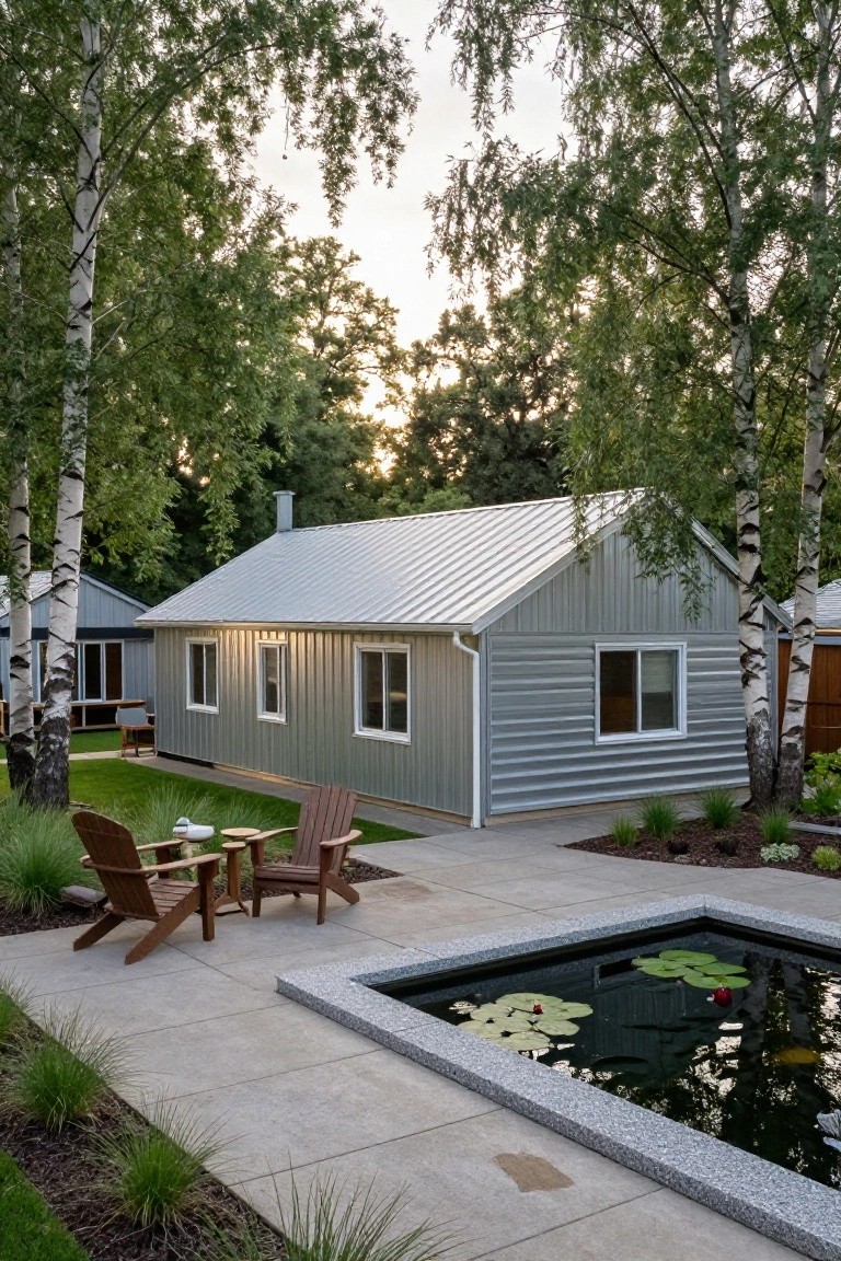 Gray corrugated metal gable-roofed house surrounded by birch trees, with a concrete patio holding two Adirondack chairs and a small table next to a rectangular koi pond with lily pads.