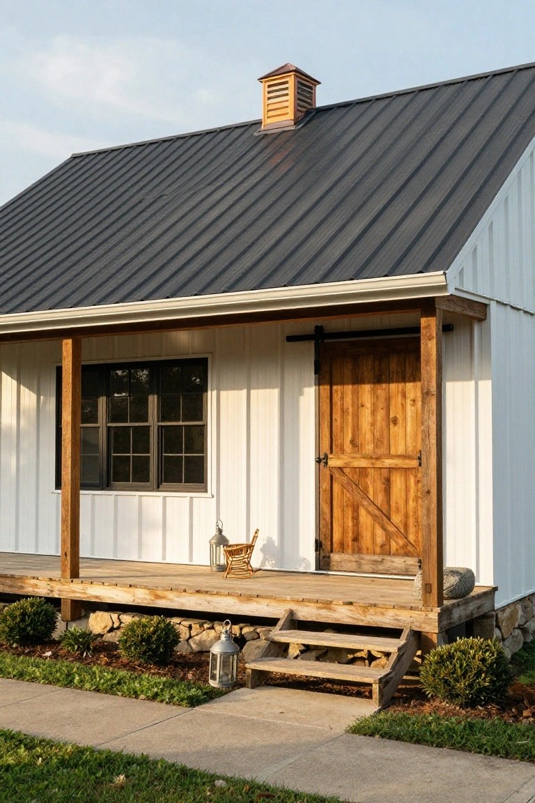 White board-and-batten sided small gabled house with dark metal roof, wooden covered porch, sliding barn door entry, divided window, lanterns, steps, and low landscaping around a stone foundation.