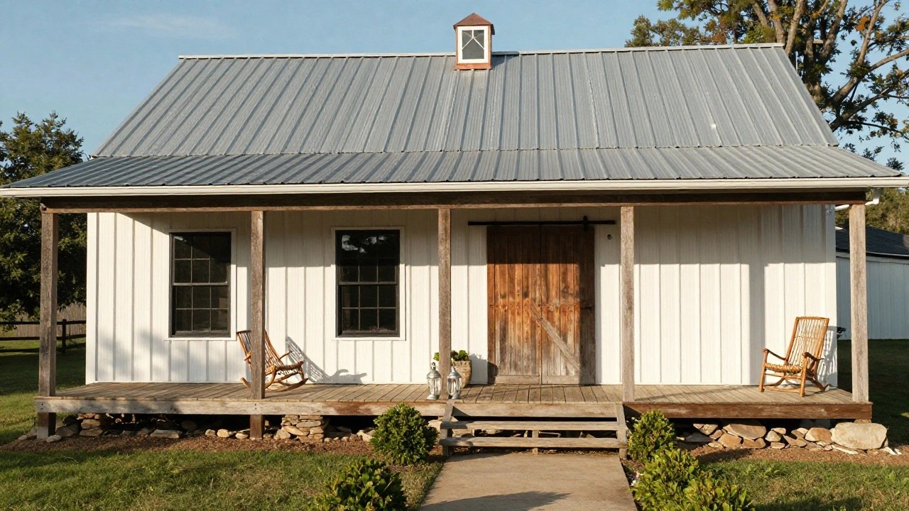White board-and-batten sided small gabled house with dark metal roof, wooden covered porch, sliding barn door entry, divided window, lanterns, steps, and low landscaping around a stone foundation.
